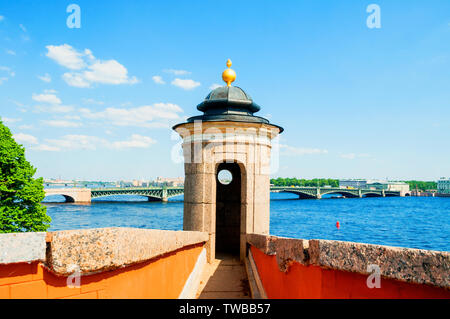 St Petersburg, Russia. The tower of Peter and Paul fortress - view to the water area of the Neva river and Trinity bridge from height. Travel landscap Stock Photo