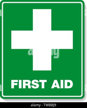 green FIRST AID sign with text and cross symbol Stock Vector