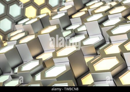 Golden hexagonal metallic background, three-dimensional rendering Stock Photo