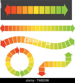 Set of 5 colorful arrow or graph element illustrations for infographic or graph designs. The colors change from red to orange to yellow to green. Stock Vector