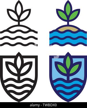 Set of land, sea and sky mono-line emblems. Bold outline, flat design graphics showing waves, leaves and sky. isolated and shield shape versions. Stock Vector