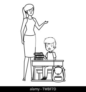 student boy seated in school desk with female teacher Stock Vector