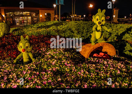 Orlando, Florida. June 03, 2019. Chip and Dale topiaries at Epcot in Walt Disney World Resort. Stock Photo