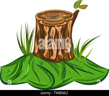 Tree Stump vector Illustration of a cartoon big tree stump with leaves bench and some blades of grass Stock Vector