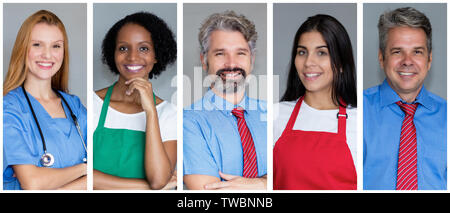 Laughing nurse with set of other employees like florist businessman and waitress Stock Photo