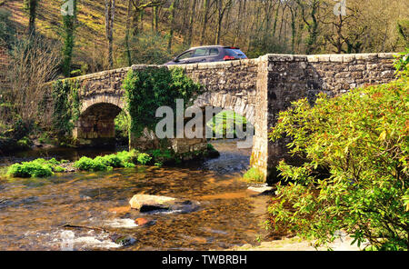 A car crossing the narrow Fingle Bridge over the river Teign, in Dartmoor National Park. Stock Photo