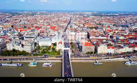 Aerial image by the liberty statue of Budapest, Hungary, with a general view the city during early morning light. Stock Photo