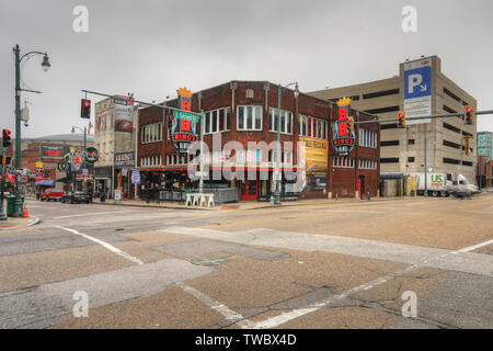 View of historic Beale St. in Memphis, Tennessee. Beale Street is a famous area with ties to historic Blues Music buildings and musicians Stock Photo