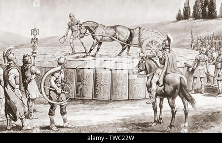 A Roman military exercise in the days of Julius Caesar, testing the Testudo - a military chariot being driven onto the roof of a Testudo or Tortoise formation in order to test its strength. In the testudo formation, the men would align their shields to form a packed formation covered with shields on the front and top.  After a work by J. Macfarlane. From a contemporary print c.1935. Stock Photo