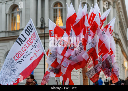 Warsaw, Poland - November 11, 2018: National flags sale in Independence Day of Poland Stock Photo