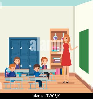 female teacher with students group in the school scene Stock Vector