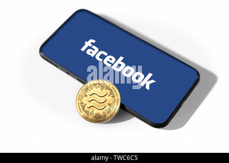 WROCLAW, POLAND - JUNE 19th, 2019: Facebook announces Libra cryptocurrency. Libra coin concept isolated on white background. - Image Stock Photo