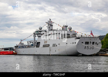 Navy replenishment vessel HNOMS Maud at Festningskaien quay, in the port of Bergen, Norway. Stock Photo