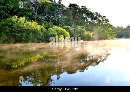 Keswick, Cumbria, UK. June 10, 2019.  Morning mist and reflections on Derwent water at Keswick in Cumbria, UK. Stock Photo