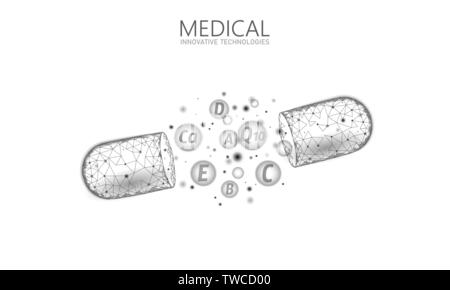 Multi vitamin complex low poly capsule. Health supplement skin care bodybuilding anti-aging pharmacy banner template. 3D coenzyme Q10, A, B, C, D Stock Vector