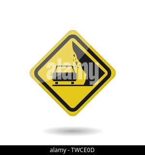 Yellow Falling rocks warning sign. Car and stones icon, Vector illustration Stock Vector