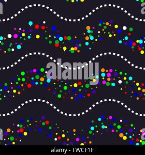 Geometric shapes seamless pattern. Abstract wavy lines and points template. Thin ripple waves and multicolored dots on a dark background. Vector illus Stock Vector