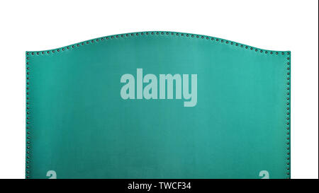 Turquoise green soft velvet fabric shaped bed headboard isolated on white background, front view Stock Photo