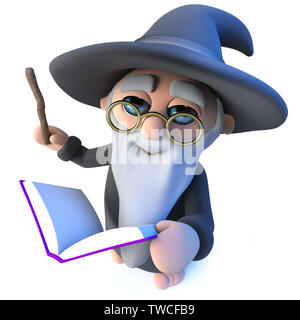3d render of a funny wizard magician character waving his wand at his magic book of spells Stock Photo