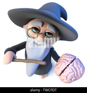 3d render of a funny cartoon wizard magician character waving his wand at a human brain Stock Photo