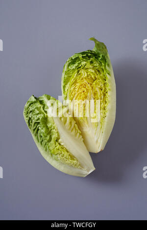 Halve head of fresh green Chinese or Napa Cabbage showing the crinkly leaves for cooking or a salad on a grey background Stock Photo