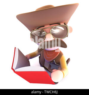 3d render of a funny cartoon cowboy sheriff character reading a book Stock Photo