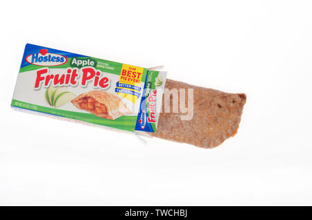 Hostess brand apple fruit pie with opened box showing pie Stock Photo