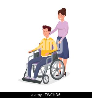Helping disabled individual vector illustration. Woman, caregiver assisting man in wheelchair cartoon characters. Female social worker, volunteer helping handicapped person with paralyzed legs Stock Vector