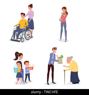 Cheerful volunteers flat vector characters set. Female caregiver helping disabled individuals, children, lost pets nursing. Young man buying grocery products for senile lady isolated characters Stock Vector