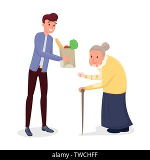 Helping elderly people flat vector illustration. Young man, social worker, volunteer delivering food, doing purchases for old, senile person. Cartoon grandson visiting grandma with grocery products Stock Vector