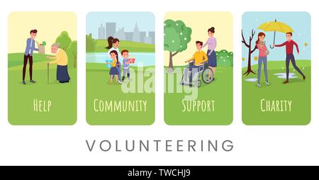 Volunteering flat vector banner templates set. Helping disabled and lonely people, supporting orphan asylums typography. Charity organization protecting homeless animals, abandoned pets Stock Vector