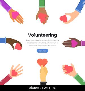 International volunteering flat vector webpage template. Multinational support in humanitarian aid landing page design layout. Multiracial hands holding hearts, sharing love concept Stock Vector
