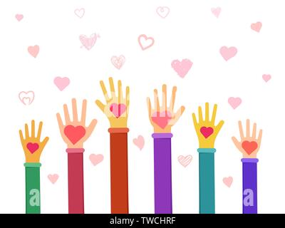 Humanitarian aid concept flat vector illustration. Cartoon hands holding hearts, sharing love, peace metaphorical drawing. Charity and donations, community cooperation in supporting needy Stock Vector