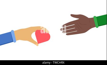International cooperation symbol flat illustration. Caucasian gives helping hand to black man, promoting world peace. Anti-racist, ethnic equality, unity in diversity flat banner design element Stock Vector