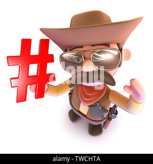 3d render of a funny cartoon cowboy sheriff holding a hashtag symbol Stock Photo