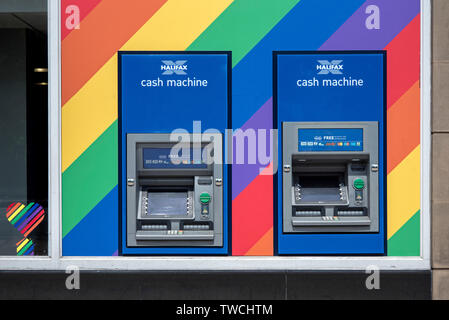 In the run up to Edinburgh Pride, Halifax Bank cash machines have been decorated in LGBT+ colours, Princes Street, Edinburgh, Scotland, UK. Stock Photo