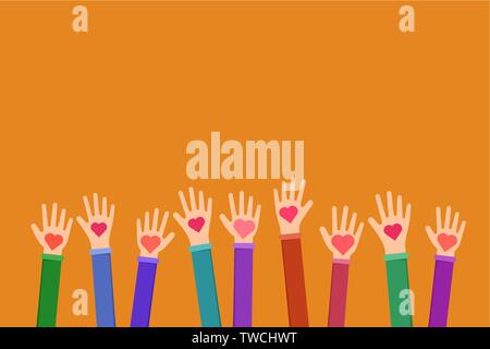 Community charitable work symbol flat illustration. Cartoon hands holding hearts on orange background. Charity fund, volunteering, fundraising organization uniting efforts for humanitarian aid Stock Vector