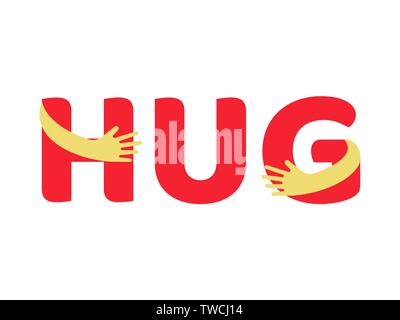 Hug text in arms embracing flat style vector illustration. Colorful hug sign logo isolated on white background Stock Vector