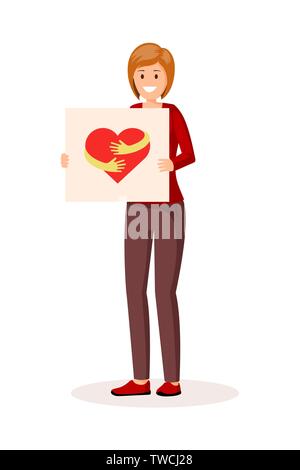 Woman holding transporant with heart. Flat style vector illustration. Colorful red hug sign logo on poster Stock Vector