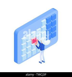 Scheduling events metaphor isometric illustration. Girl placing check mark, reminder in 3d calendar. Futuristic time management operator, secretary marking deadline, day-off, holiday planning Stock Vector