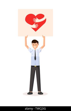 Man holding transporant with heart. Flat style vector illustration. Colorful red hug sign logo on poster Stock Vector