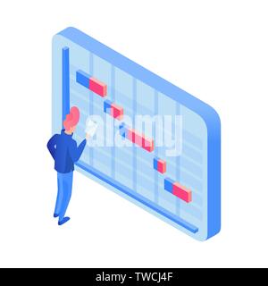 Manager planning deadlines isometric illustration. Time management specialist, male expert scheduling project duration in calendar. Cartoon man studying timetable, planning vacations, days-off Stock Vector