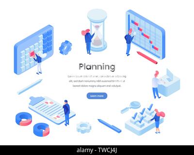 Planning work hours isometric website template. Professional time management landing page layout with text space. Time optimization experts scheduling projects, planning deadlines, adding reminders Stock Vector