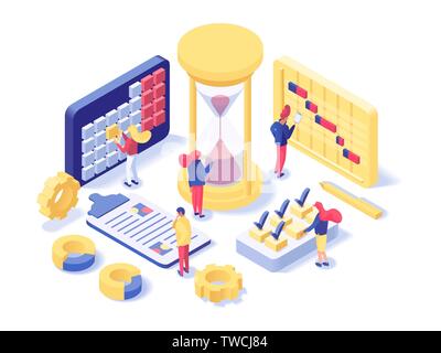 Project management lab isometric illustration. Futuristic time planning department workers scheduling work hours, holidays, deadlines. Female supervisor placing check marks for complete tasks Stock Vector