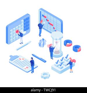 Planning time experts isometric illustration. Cartoon manager, businessman, secretary marking deadline. Planning appointments, meetings, important events in futuristic scheduling events office Stock Vector