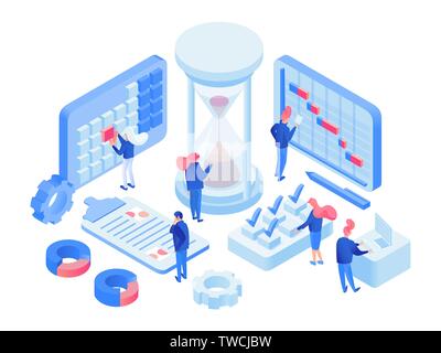 Time management 3d lab isometric illustration. Cartoon planning time experts, specialists working in futuristic office. Scheduling projects, marking deadlines, complete tasks in laptop, calendar Stock Vector
