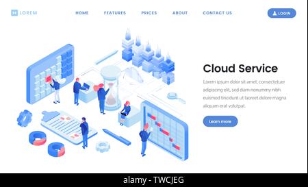 Cloud service app, website isometric template. Futuristic data storage center, hosting server specialists, experts. Digital information protection landing page design layout with text space Stock Vector