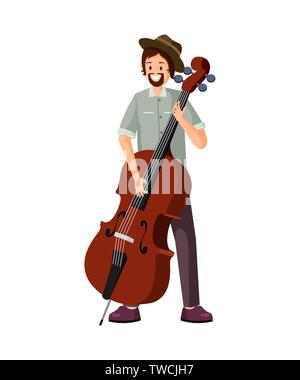 Male cello player flat vector illustration. Cheerful cellist, street musician playing acoustic musical instrument. Professional jazz performer holding contrabass, double bass with fingers on strings Stock Vector