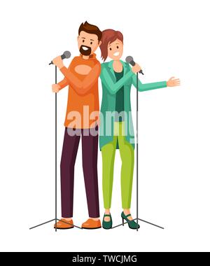 Couple of singers flat vector illustration. Cartoon male, female vocalists singing in duet isolated characters. Bearded guy, stylish girl enjoying karaoke performance, having fun on stage Stock Vector