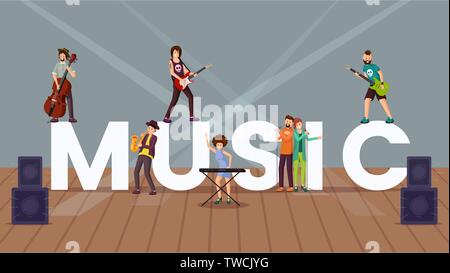 Music vector word concept banner. Cartoon musicians standing near huge letters on stage. Man, woman playing guitar, saxophone, cello, synthesizer, enjoying duet performance at concert, festival Stock Vector